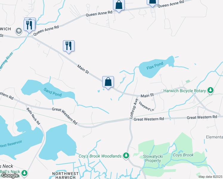 map of restaurants, bars, coffee shops, grocery stores, and more near 371 Main Street in Harwich