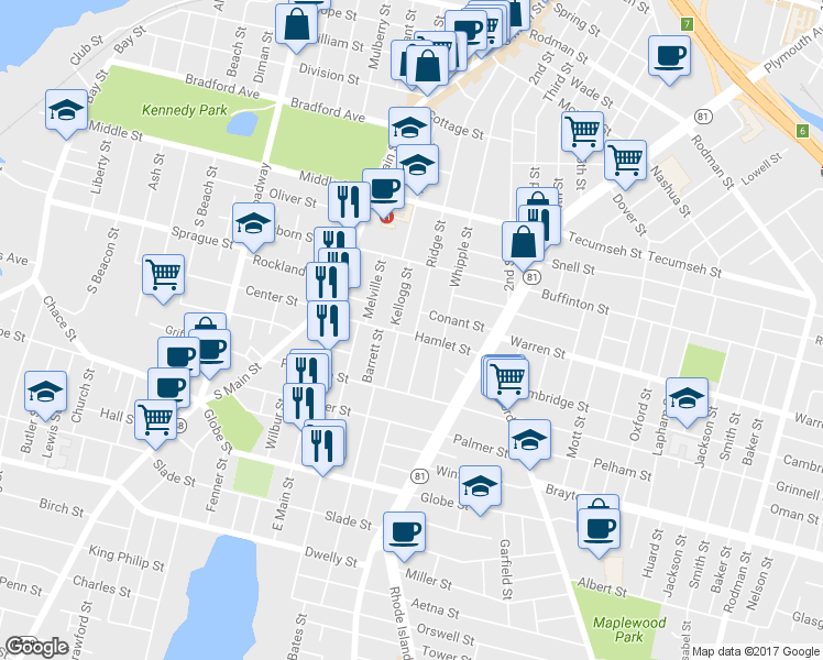 map of restaurants, bars, coffee shops, grocery stores, and more near 172 Hamlet Street in Fall River