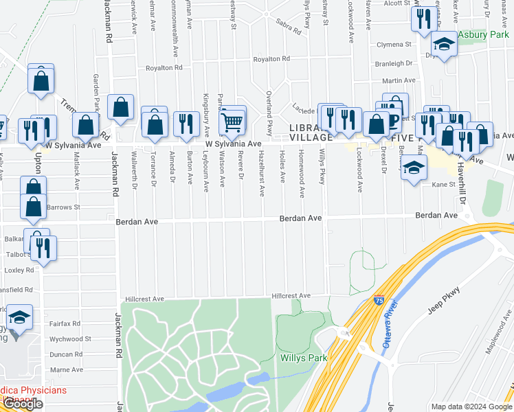 map of restaurants, bars, coffee shops, grocery stores, and more near 3819 Hazelhurst Avenue in Toledo