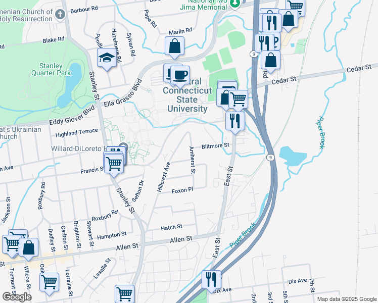 map of restaurants, bars, coffee shops, grocery stores, and more near 198 Amherst Street in New Britain
