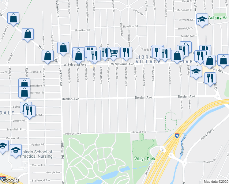 map of restaurants, bars, coffee shops, grocery stores, and more near 3819 Revere Drive in Toledo
