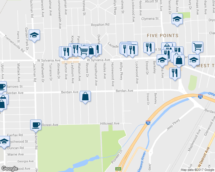 map of restaurants, bars, coffee shops, grocery stores, and more near 3820 Hoiles Avenue in Toledo
