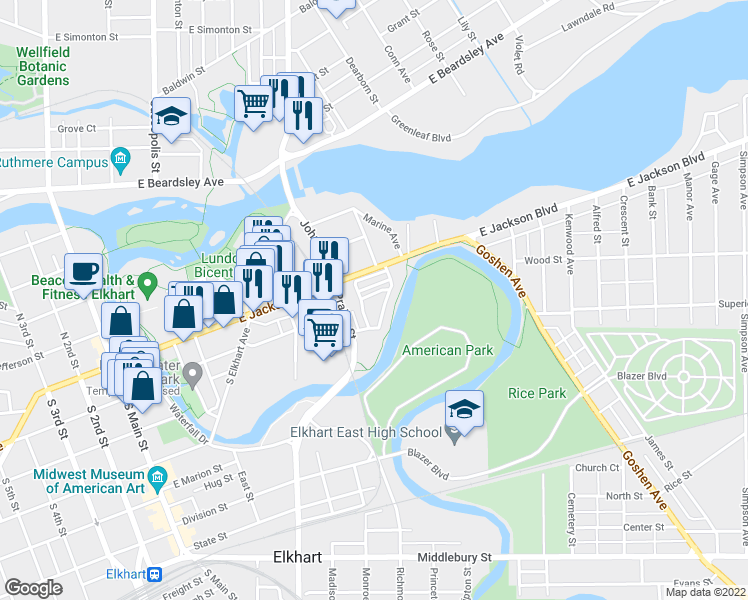 map of restaurants, bars, coffee shops, grocery stores, and more near 701 Kensington Court in Elkhart