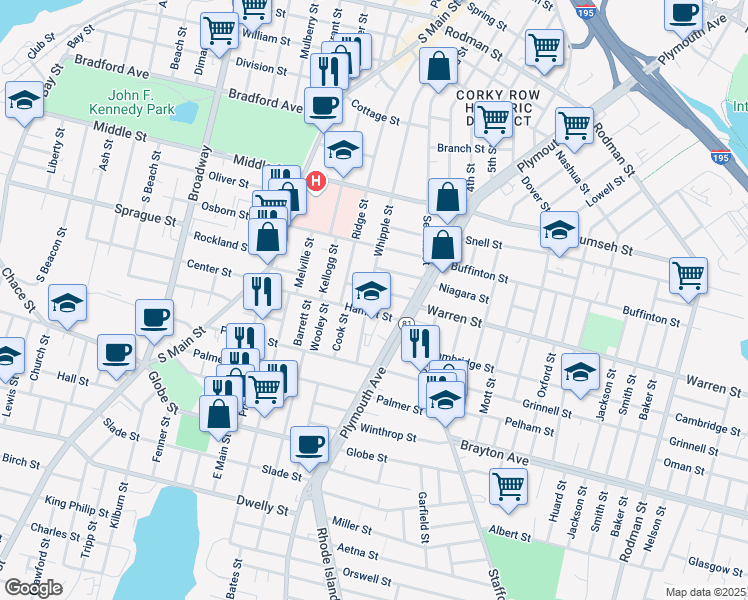 map of restaurants, bars, coffee shops, grocery stores, and more near 564 Whipple Street in Fall River
