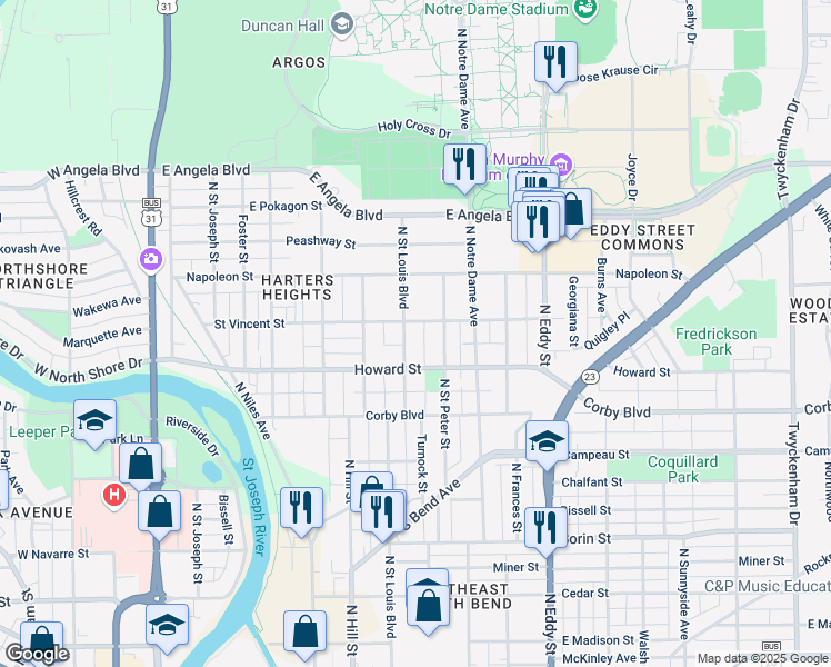 map of restaurants, bars, coffee shops, grocery stores, and more near 1051-1099 N St Louis Blvd in South Bend