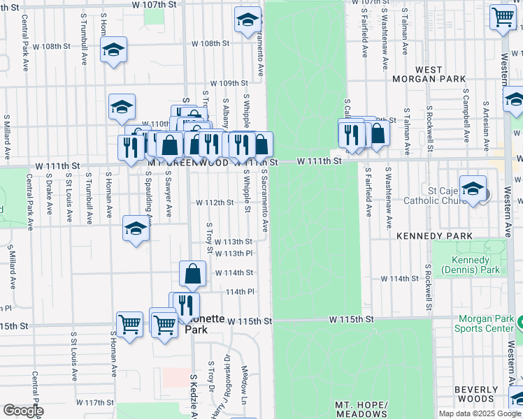 map of restaurants, bars, coffee shops, grocery stores, and more near 11208 South Sacramento Avenue in Chicago