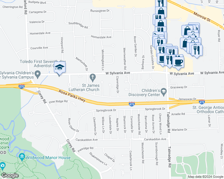map of restaurants, bars, coffee shops, grocery stores, and more near 3904 Sheffield Court in Toledo