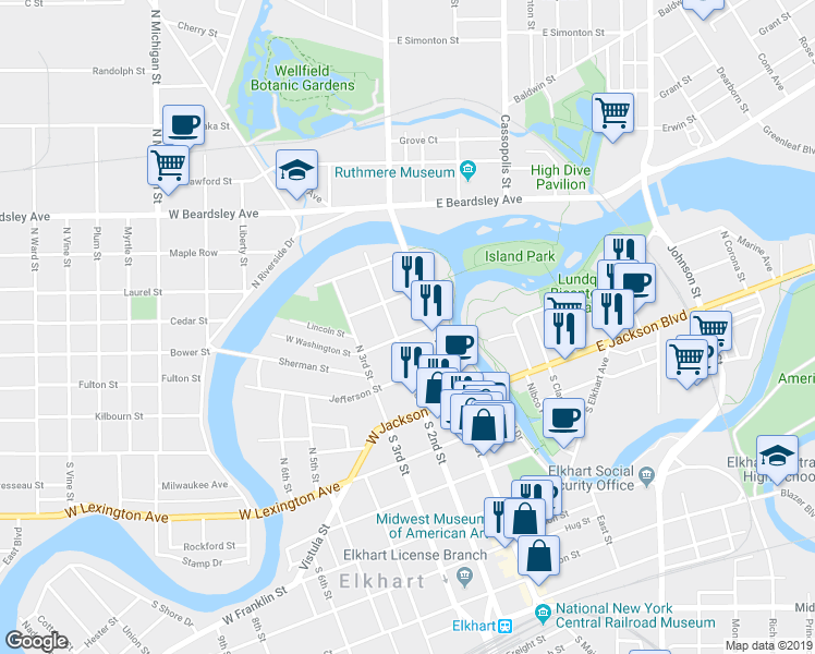 map of restaurants, bars, coffee shops, grocery stores, and more near 122 W Washington St in Elkhart
