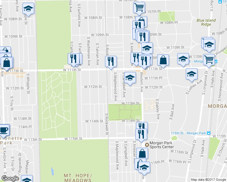 map of restaurants, bars, coffee shops, grocery stores, and more near 11208 South Maplewood Avenue in Chicago