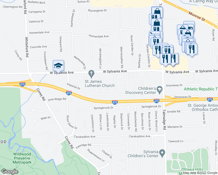 map of restaurants, bars, coffee shops, grocery stores, and more near 3902 Sheffield Court in Toledo