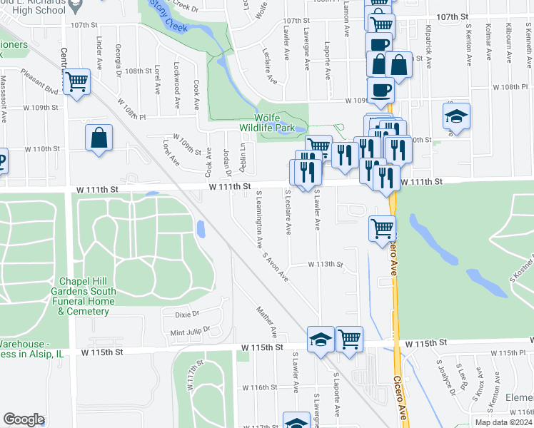 map of restaurants, bars, coffee shops, grocery stores, and more near 11123 South Leamington Avenue in Alsip