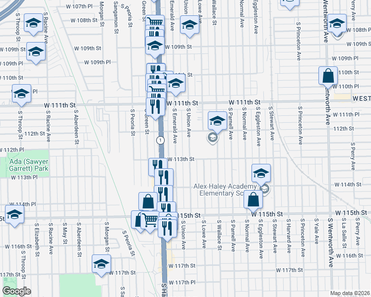 map of restaurants, bars, coffee shops, grocery stores, and more near 11237 South Emerald Avenue in Chicago