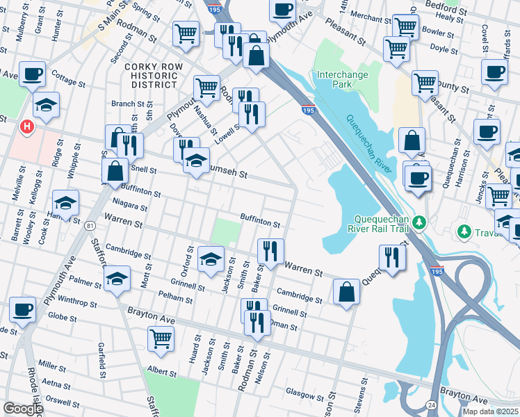 map of restaurants, bars, coffee shops, grocery stores, and more near 49 York Street in Fall River