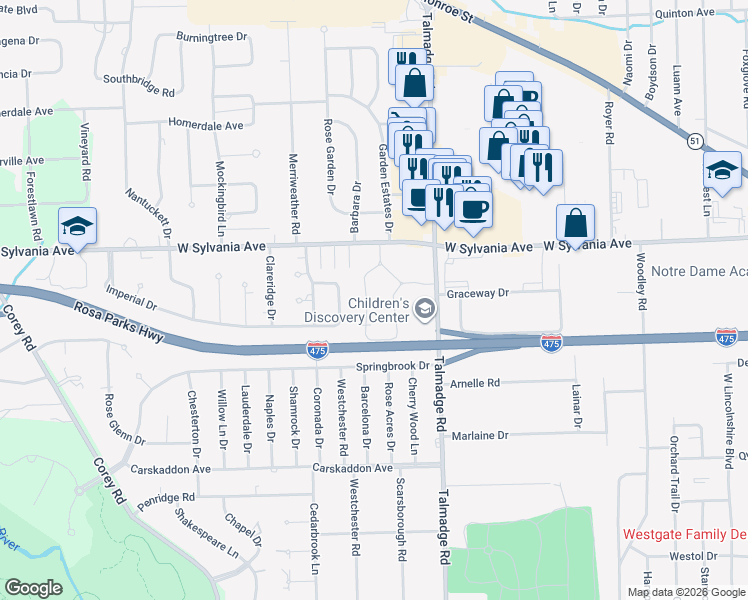 map of restaurants, bars, coffee shops, grocery stores, and more near 3860 Surrey Road in Toledo