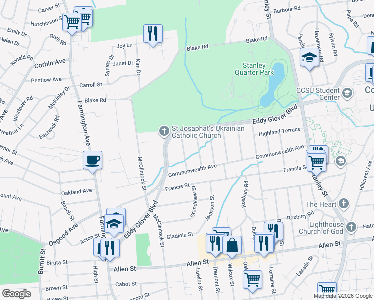 map of restaurants, bars, coffee shops, grocery stores, and more near 47 Mohawk Street in New Britain