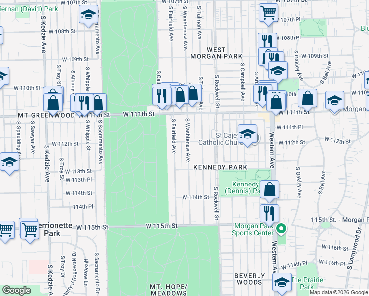map of restaurants, bars, coffee shops, grocery stores, and more near 11212 S Washtenaw Ave in Chicago