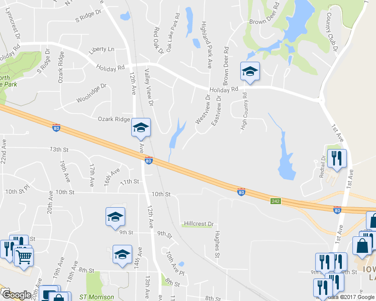 map of restaurants, bars, coffee shops, grocery stores, and more near 1317 Southview Circle in Coralville