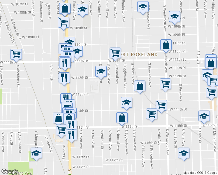 map of restaurants, bars, coffee shops, grocery stores, and more near 11235 S Parnell Ave in Chicago