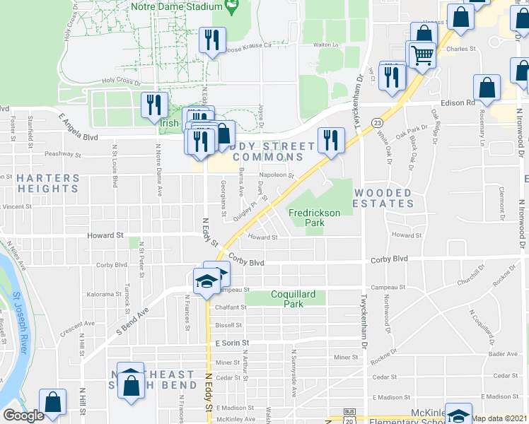 map of restaurants, bars, coffee shops, grocery stores, and more near 1236 South Bend Avenue in South Bend
