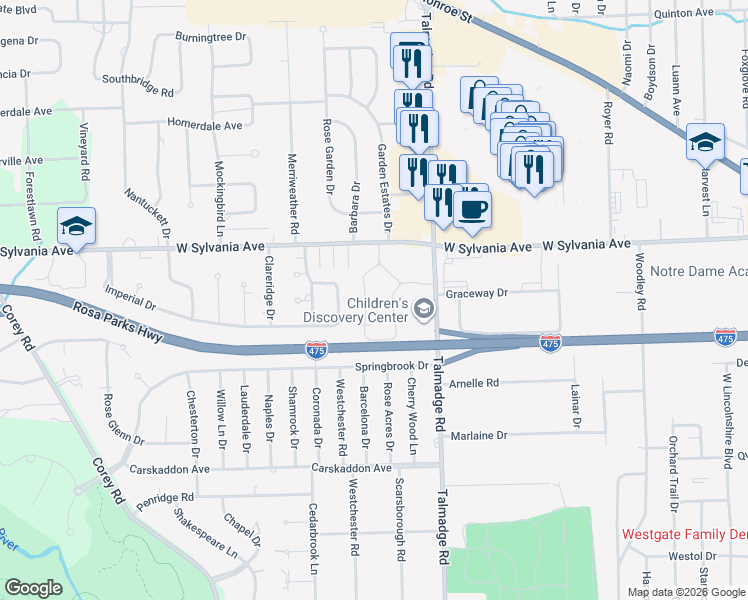 map of restaurants, bars, coffee shops, grocery stores, and more near 3860 Surrey Road in Toledo