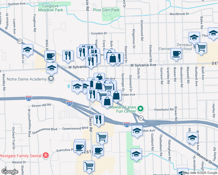 map of restaurants, bars, coffee shops, grocery stores, and more near 3854 Crary Drive in Toledo