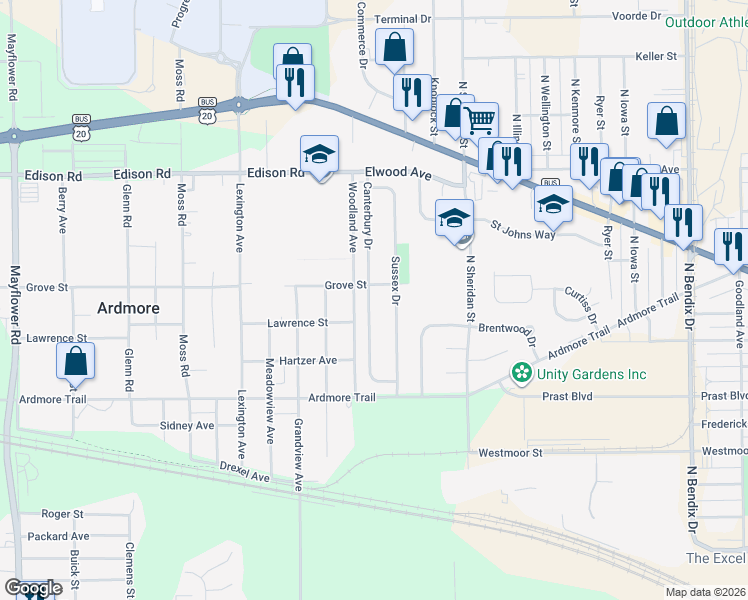 map of restaurants, bars, coffee shops, grocery stores, and more near 1122 Canterbury Drive in South Bend