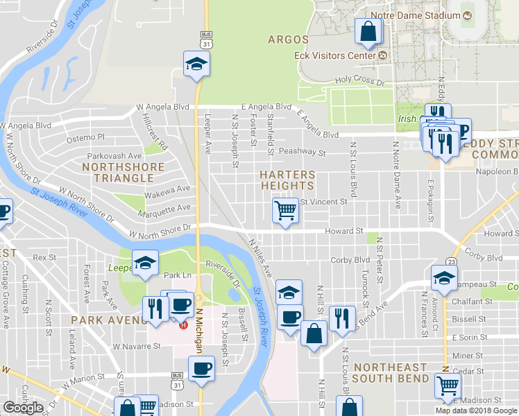 map of restaurants, bars, coffee shops, grocery stores, and more near 1034 Foster Street in South Bend