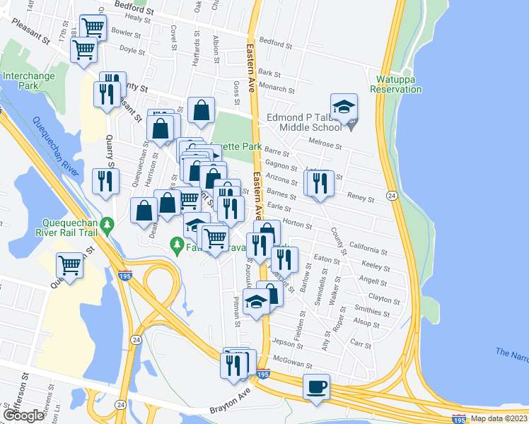 map of restaurants, bars, coffee shops, grocery stores, and more near 580 Eastern Avenue in Fall River