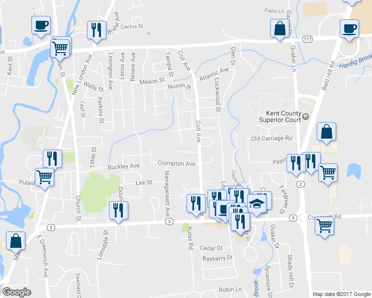 map of restaurants, bars, coffee shops, grocery stores, and more near 27 Audrey Drive in West Warwick