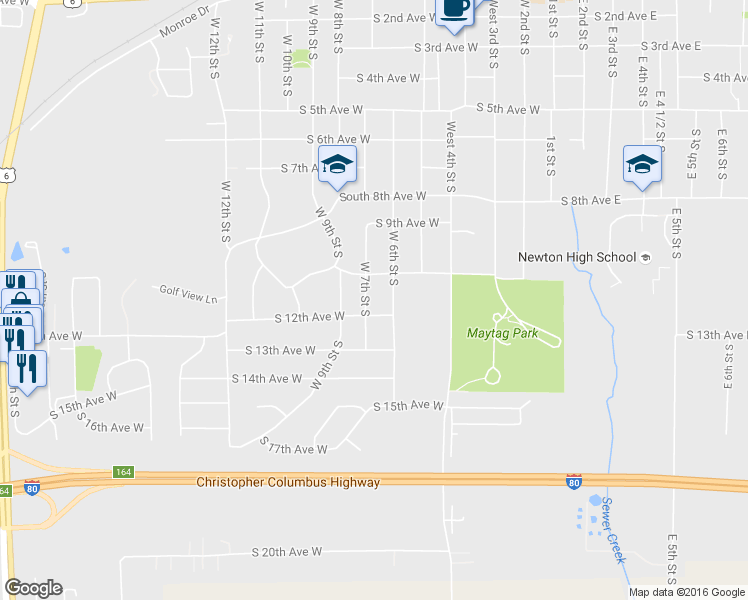 map of restaurants, bars, coffee shops, grocery stores, and more near 1124 W 7th St S in Newton