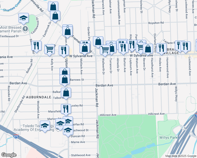 map of restaurants, bars, coffee shops, grocery stores, and more near 3824 Jackman Road in Toledo