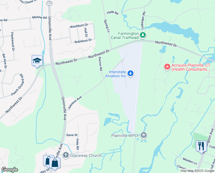 map of restaurants, bars, coffee shops, grocery stores, and more near 6 Perron Road in Plainville