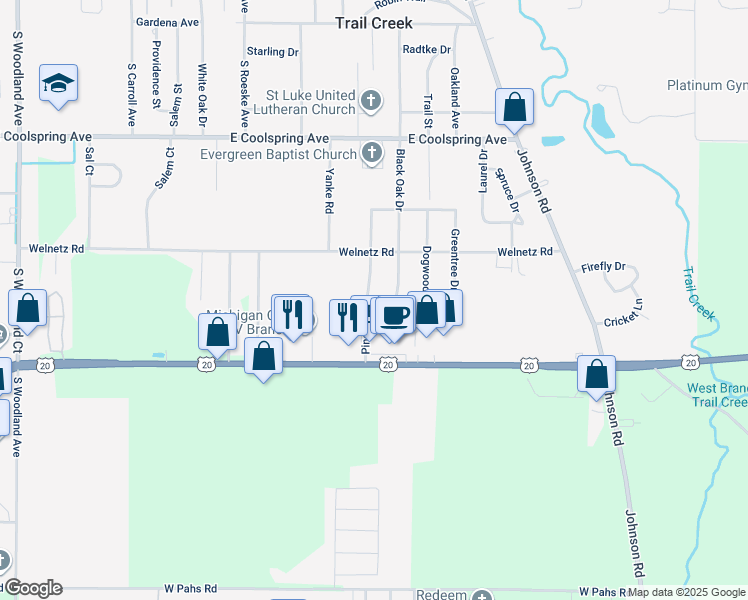 map of restaurants, bars, coffee shops, grocery stores, and more near 624 Pinetree Drive in Trail Creek
