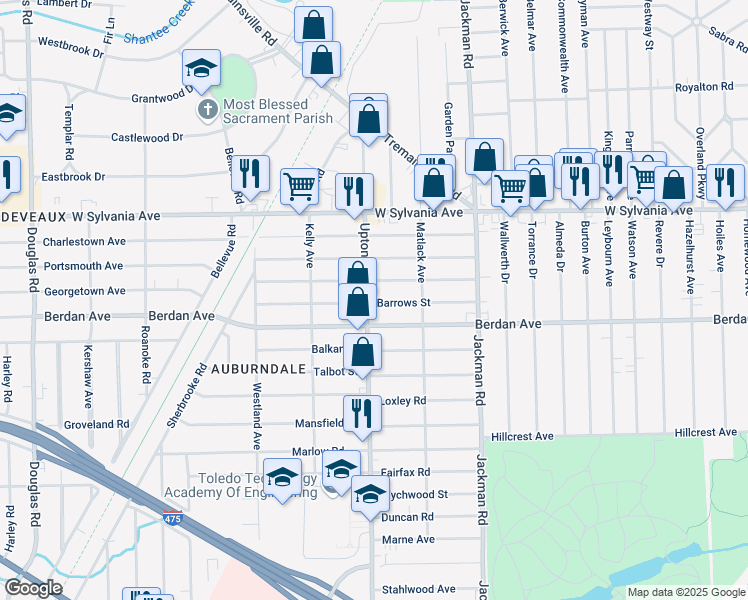 map of restaurants, bars, coffee shops, grocery stores, and more near 3826 Upton Ave in Toledo
