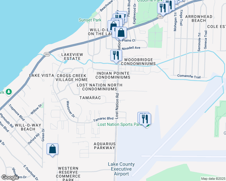 map of restaurants, bars, coffee shops, grocery stores, and more near 1416 Lost Nation Road in Willoughby
