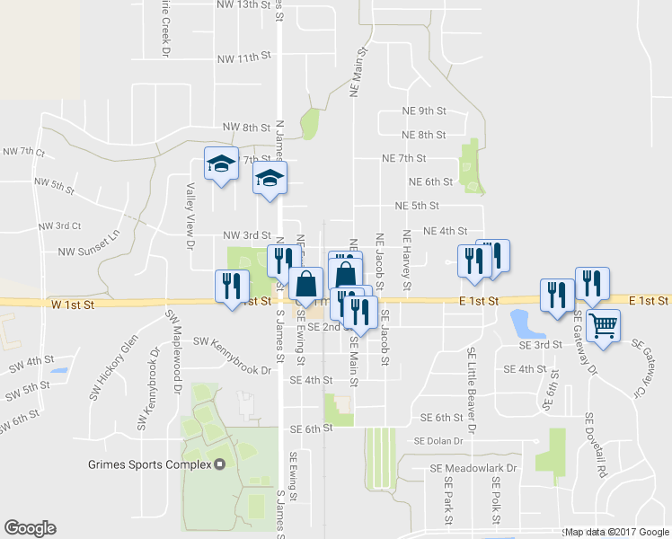 map of restaurants, bars, coffee shops, grocery stores, and more near 309 Northeast 2nd Street in Grimes