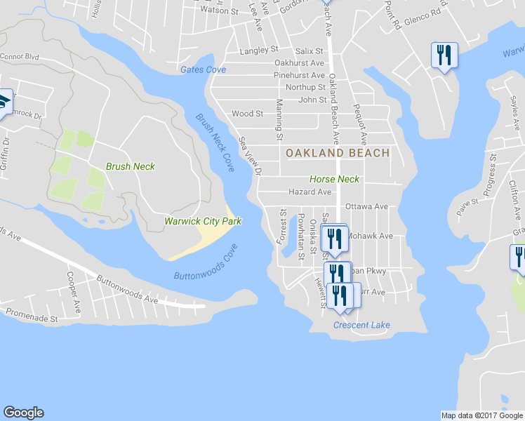 map of restaurants, bars, coffee shops, grocery stores, and more near 347 Sea View Drive in Warwick