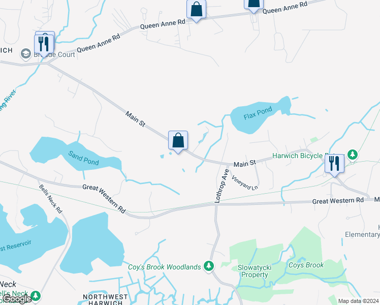 map of restaurants, bars, coffee shops, grocery stores, and more near 371 Main Street in Harwich