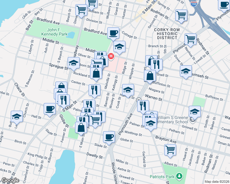 map of restaurants, bars, coffee shops, grocery stores, and more near 172 Hamlet Street in Fall River