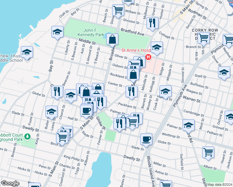map of restaurants, bars, coffee shops, grocery stores, and more near 24 Tone Street in Fall River