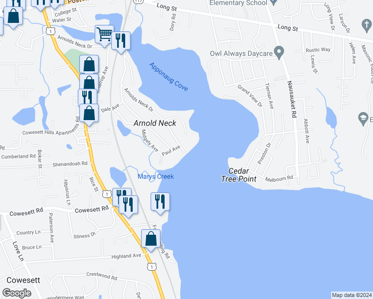 map of restaurants, bars, coffee shops, grocery stores, and more near 4 Paul Avenue in Warwick