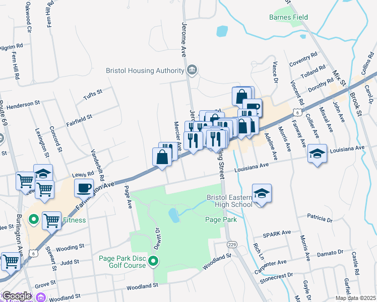 map of restaurants, bars, coffee shops, grocery stores, and more near 455 Farmington Avenue in Bristol