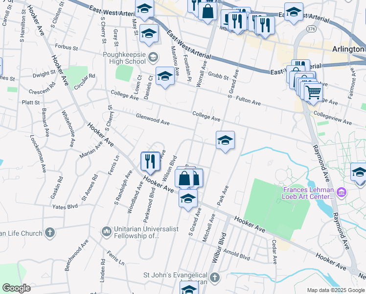 map of restaurants, bars, coffee shops, grocery stores, and more near 36 Meyer Avenue in Poughkeepsie