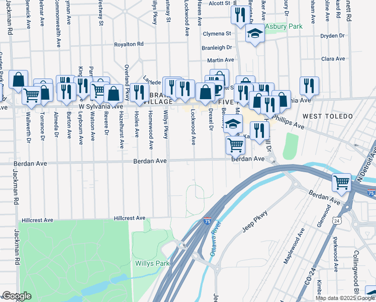 map of restaurants, bars, coffee shops, grocery stores, and more near 3815 Lockwood Avenue in Toledo