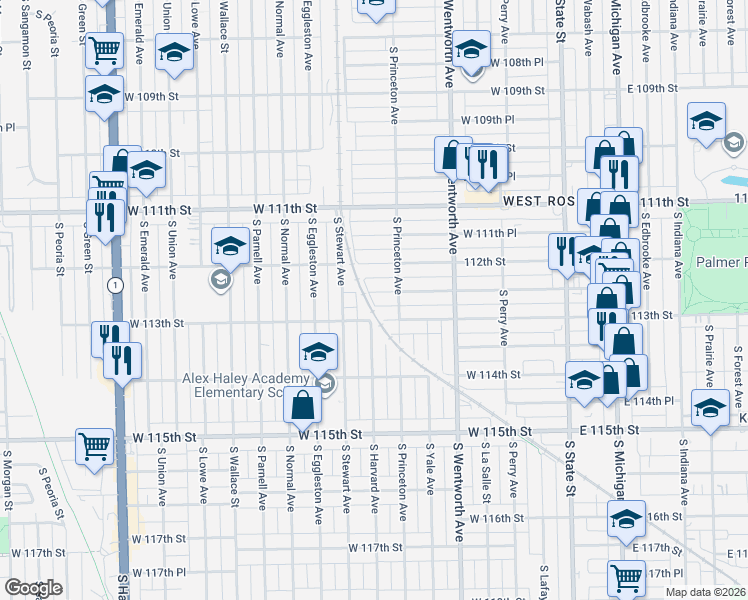 map of restaurants, bars, coffee shops, grocery stores, and more near 325 West 112th Place in Chicago