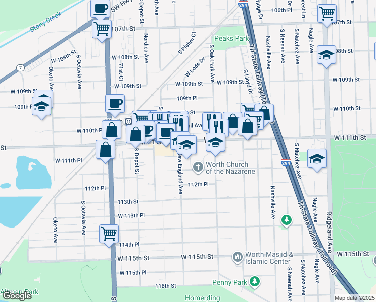 map of restaurants, bars, coffee shops, grocery stores, and more near 6844 111th Place in Worth