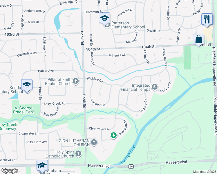 map of restaurants, bars, coffee shops, grocery stores, and more near 4304 Camelot Circle in Naperville
