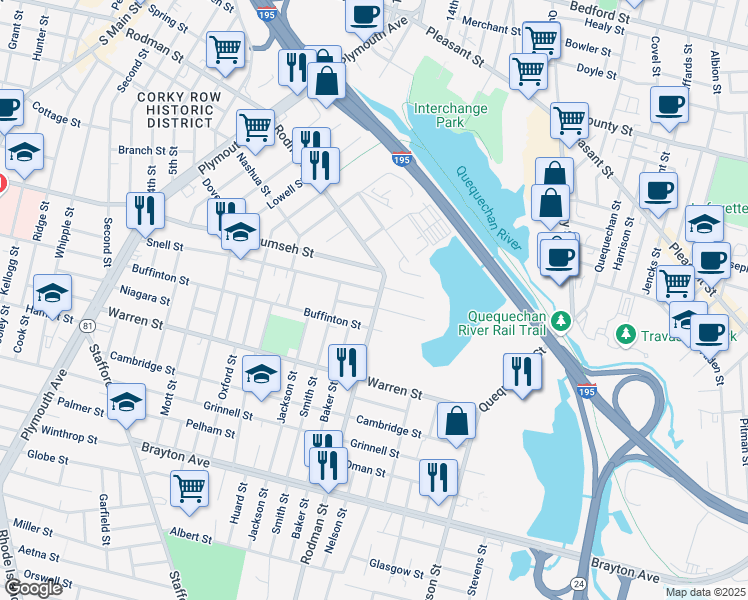 map of restaurants, bars, coffee shops, grocery stores, and more near 951 Rodman Street in Fall River