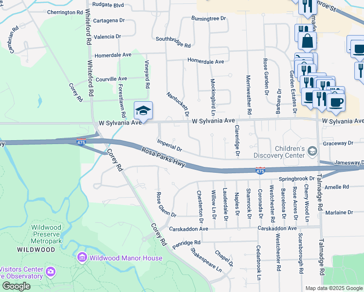 map of restaurants, bars, coffee shops, grocery stores, and more near 4802 Imperial Dr in Toledo