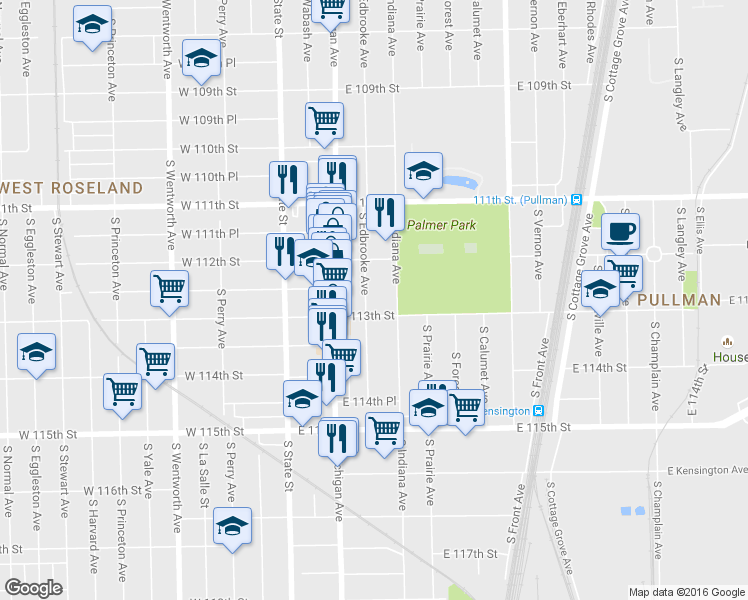 map of restaurants, bars, coffee shops, grocery stores, and more near 11247 South Edbrooke Avenue in Chicago
